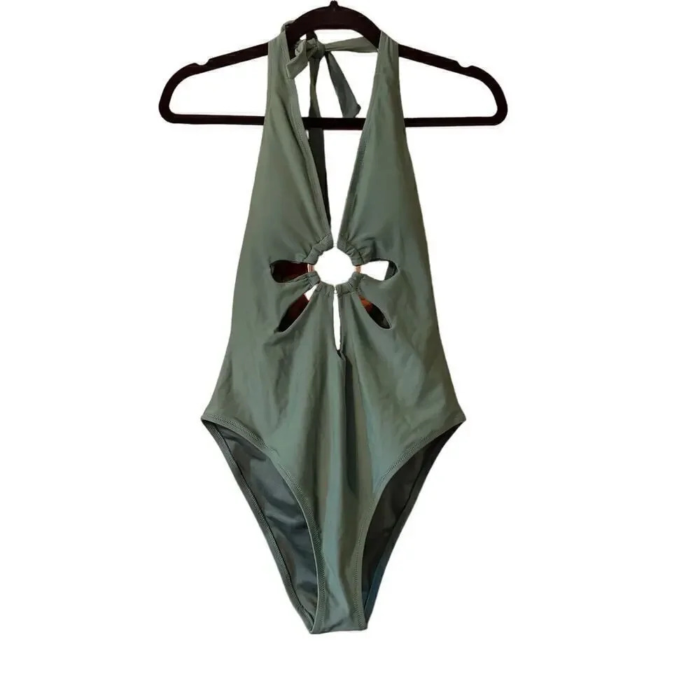CUPSHE Olive Green Halter One Piece Swimsuit with Cutout & Ring Detail